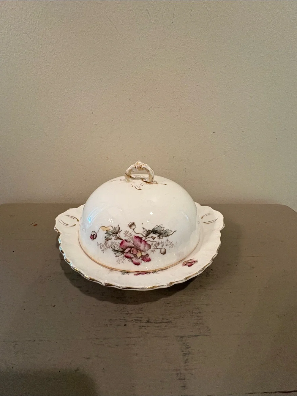 Antique Dresden Semi-Porcelain Floral Covered Butter/Cheese Dish